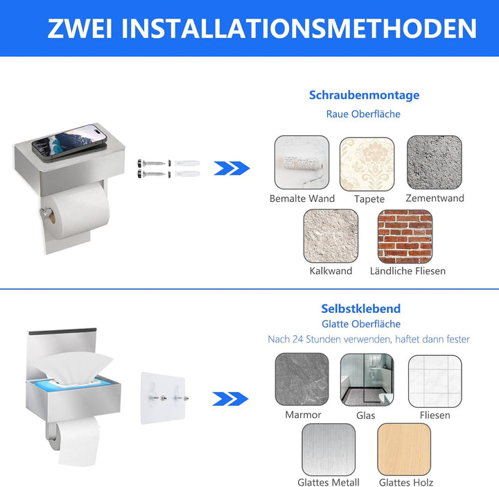 GUIGUZI Toilettenpapierhalter Ohne Bohren - SUS304 Edelstahl Silber Klopapierhalter mit Ablage - Toi