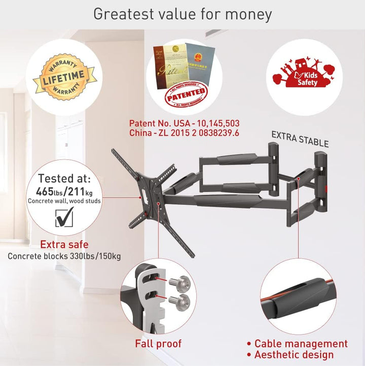 Barkan 104cm Lange TV Wandhalterung, 13-90 Zoll Doppelarm, Schwenkbar/Vollbewegung luxuriösen TV Hal