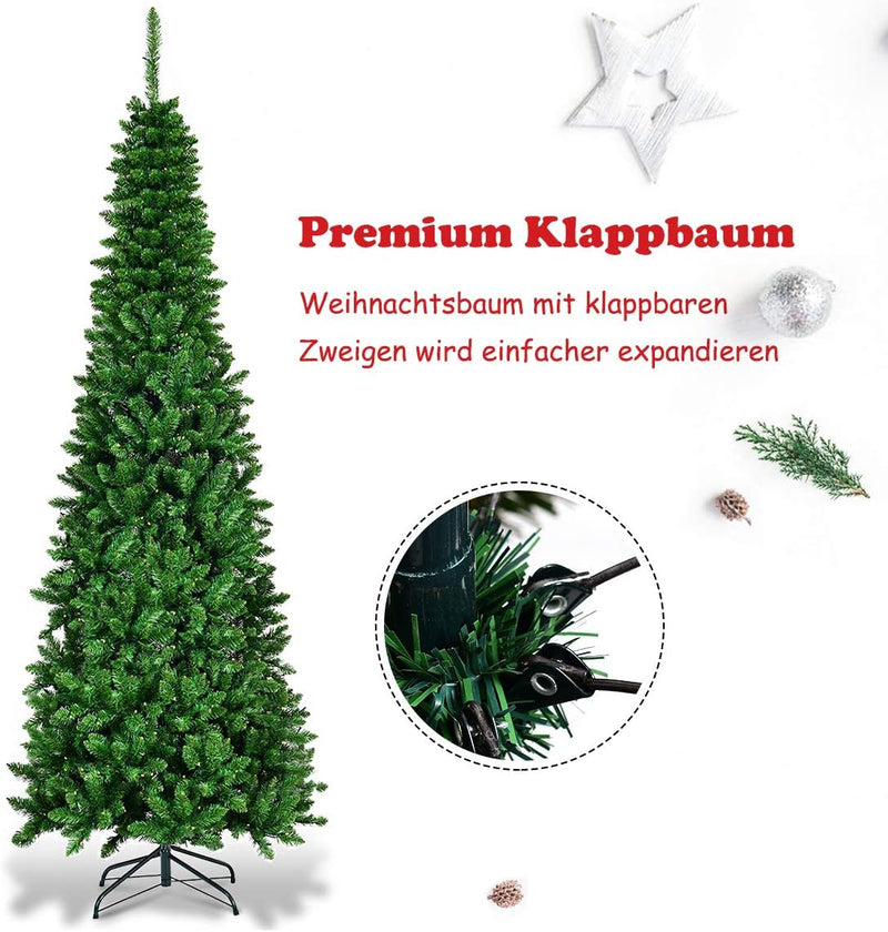 COSTWAY 135/200/225cm Bleistift Weihnachtsbaum mit warmweissen LED-Leuchten, künstlicher Tannenbaum