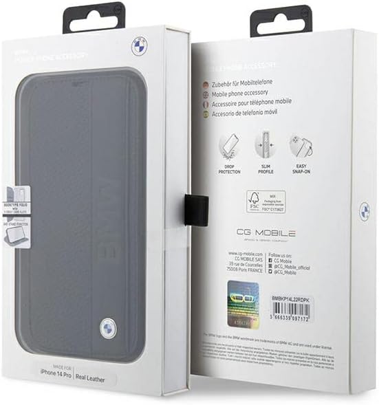 BMW BMBKP14X22RDPK Hülle für iPhone14 Pro Max 6,7" Schwarz Bookcase Leather Textured&Stripe