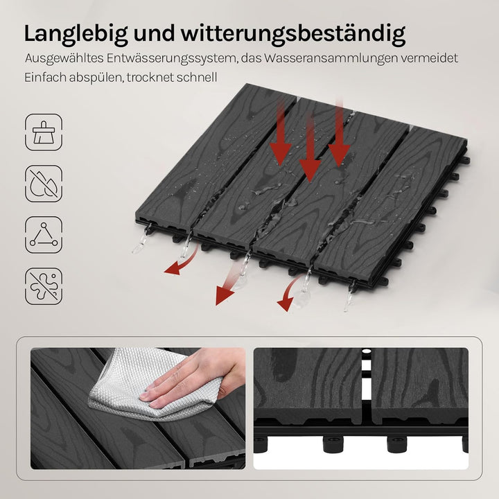 WOLTU WPC Terrassenfliesen Holzoptik Terrassendielen Fliese in Bodenbelag mit klicksystem, für Terra