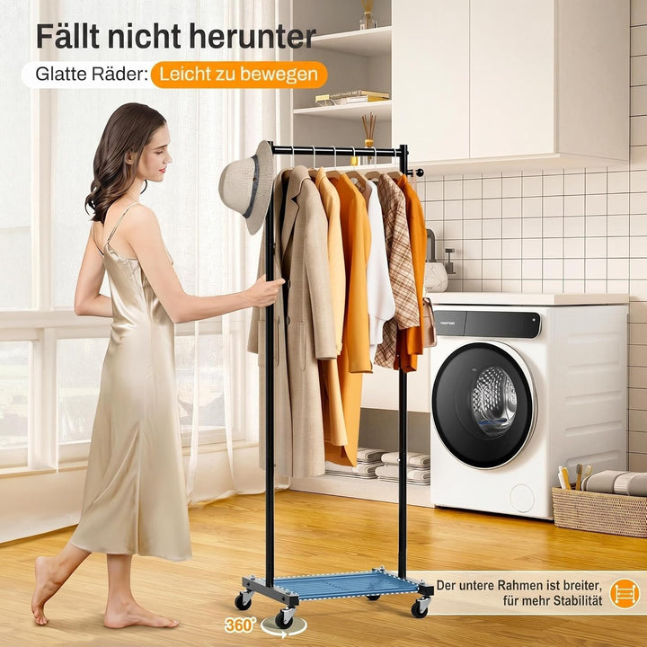 MISSLO Kleine Kleiderstange auf Rollen, Schmal Kleiderständer mit Ablagen, 152 cm Metall Garderobens