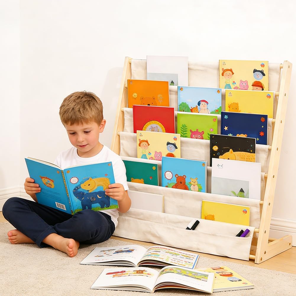Bücherregal Kinder, Kinderregal mit 6 Oxford-Stoff Fächern, Kinderbücherregal Holzregal Regal mit Au