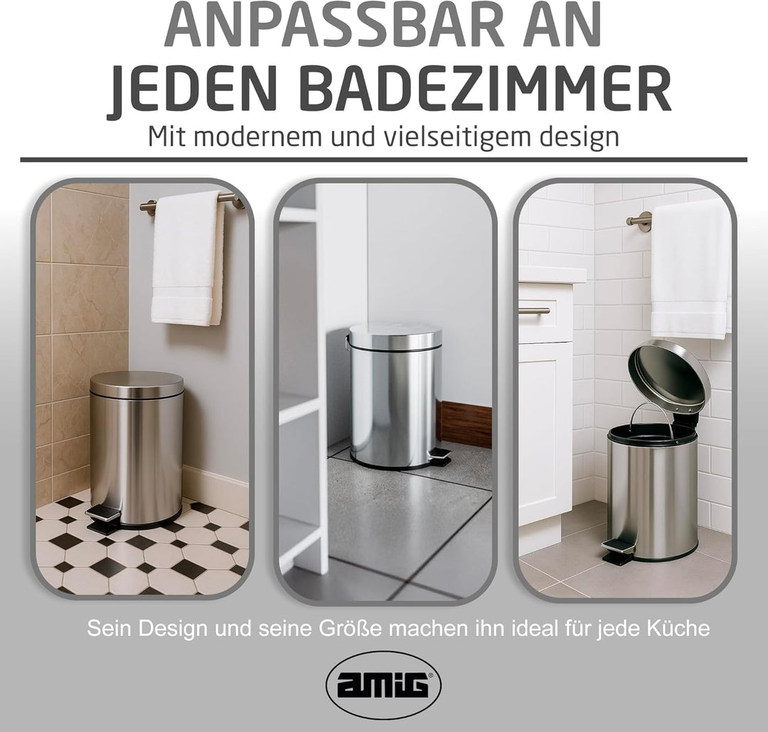 Amig – Kosmetikeimer mit Pedal 3L Linea – Polierter Edelstahl – Hygienische Öffnung – Ø16,8 x 25,5 c