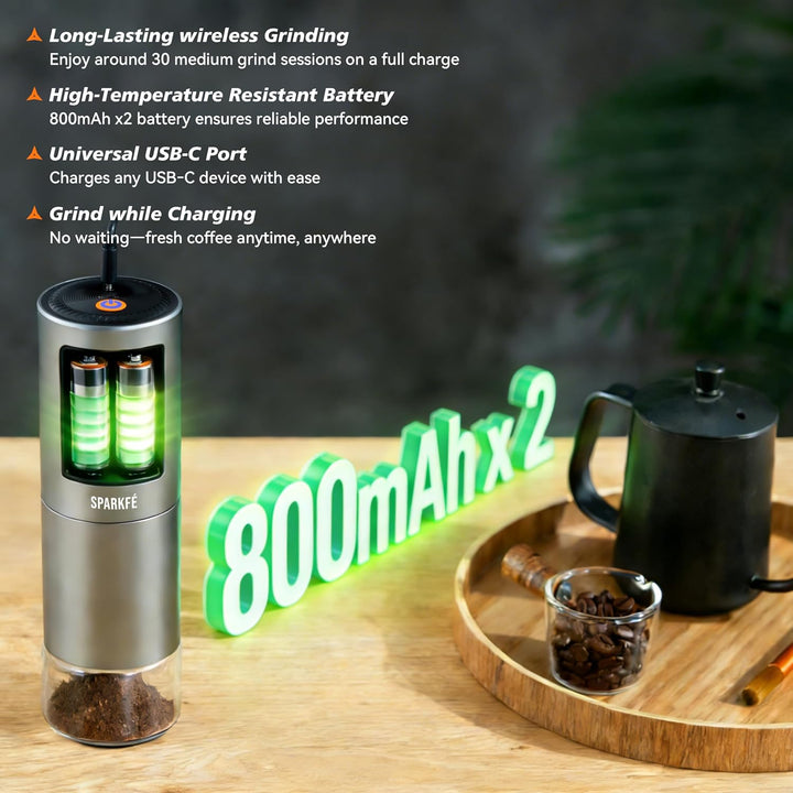 Tragbare elektrische Kaffeemühle, wiederaufladbare Handmühle mit konischem Frässtift aus Edelstahl,