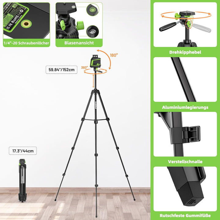 Huepar 360° Laser Wasserwaage mit 152 cm Stativ, Kreuzlinienlaser grün mit Pulsmodus, 3 Helligkeitss