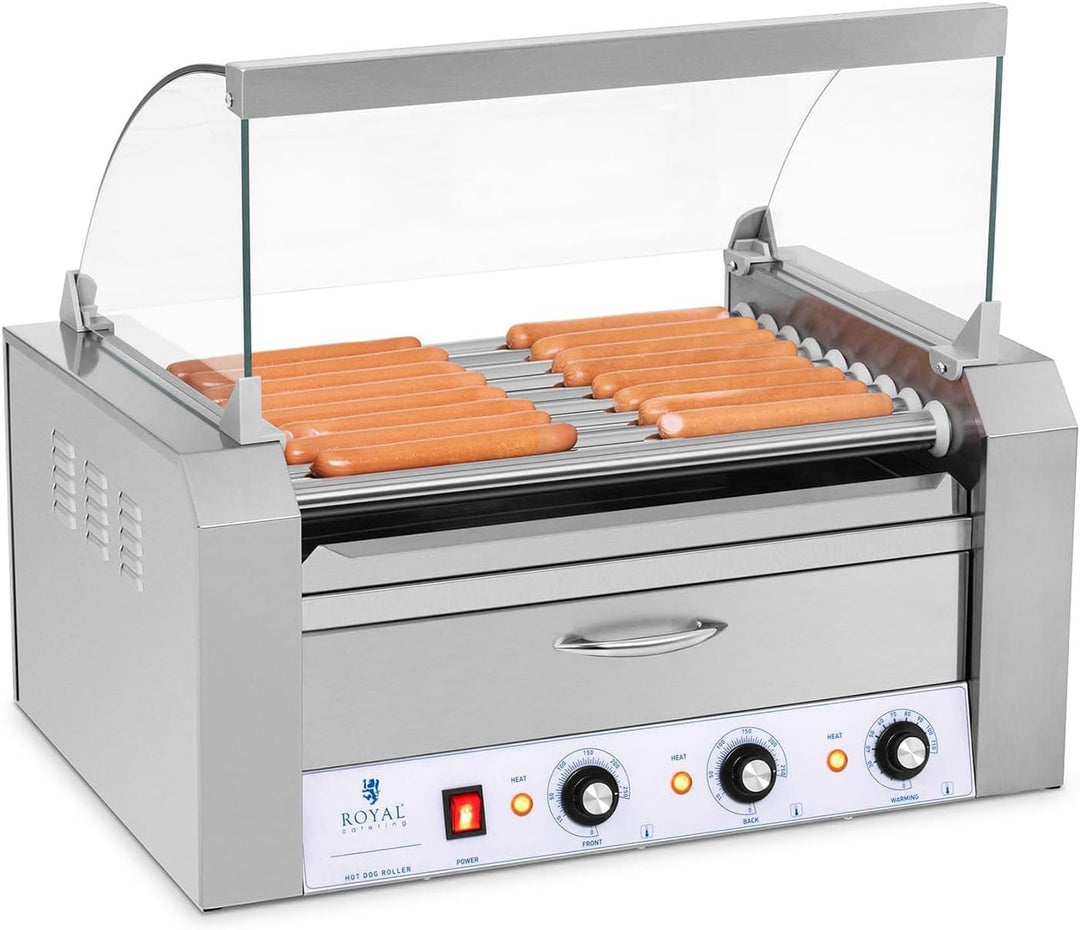 Royal Catering - Hot Dog Grill Hot Dog Maschine (9 Rollen, Edelstahl, 2.200 W, 2 Heizzonen, herausne