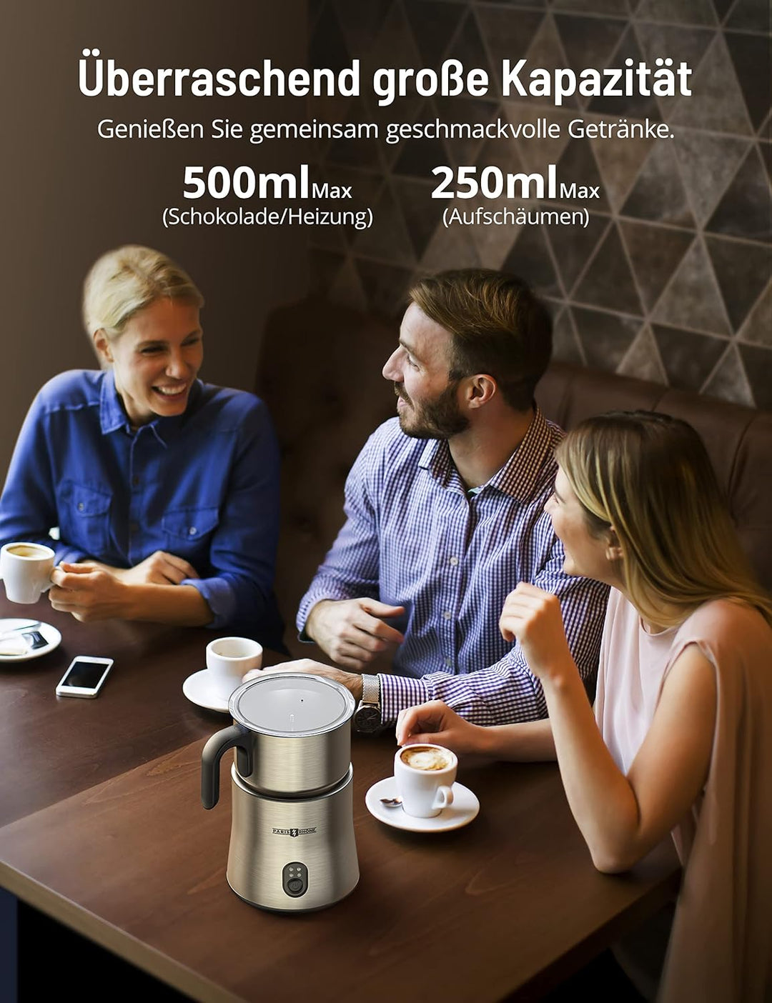 PARIS RHÔNE Milchaufschäumer, 4-in-1 500ML Milchaufschäumer Elektrisch Induktion, Spülmaschinenfest,