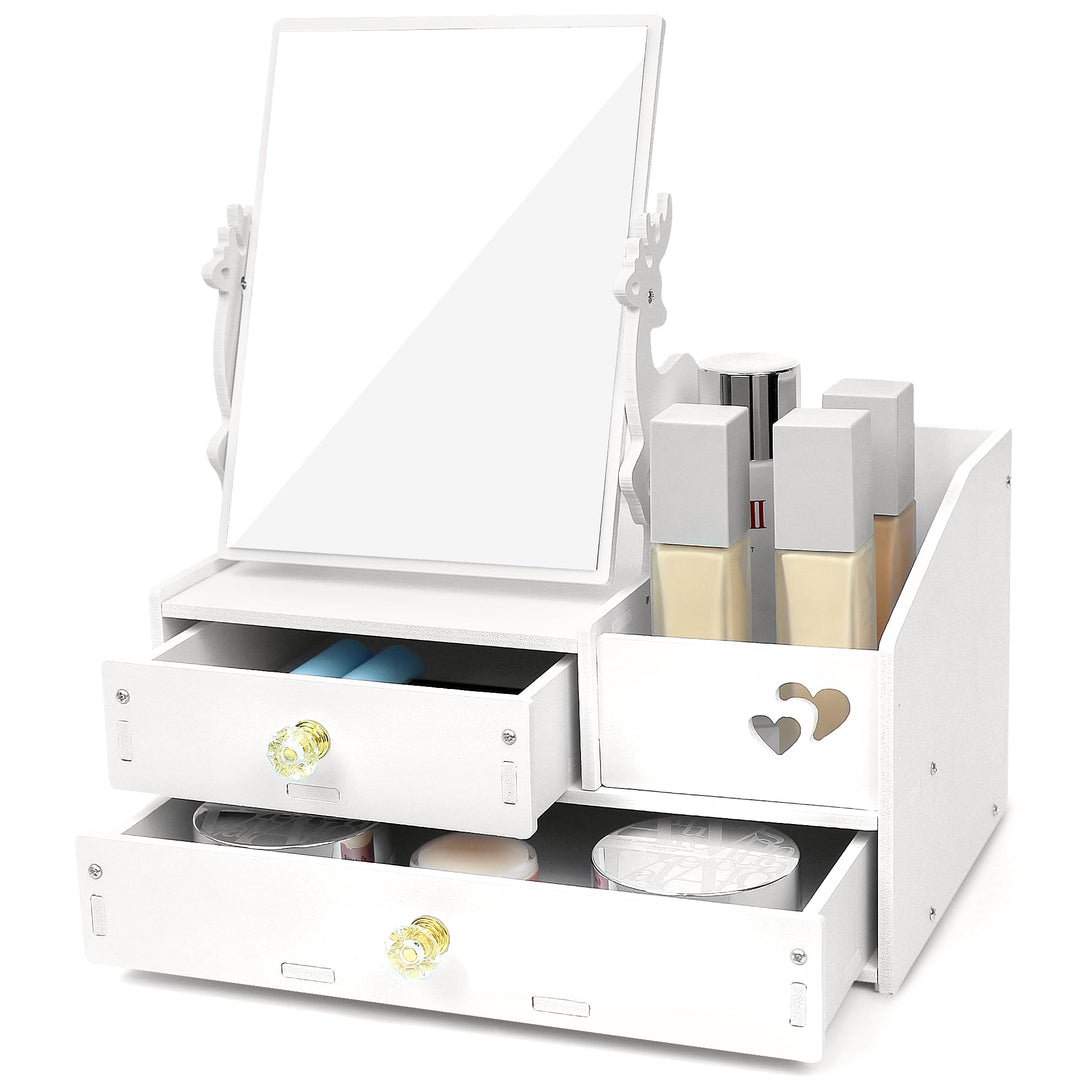 LEcylankEr Schminktisch Organizer mit 360° Spiegel und Schublade, Kosmetik Organizer aus PVC Weiss,