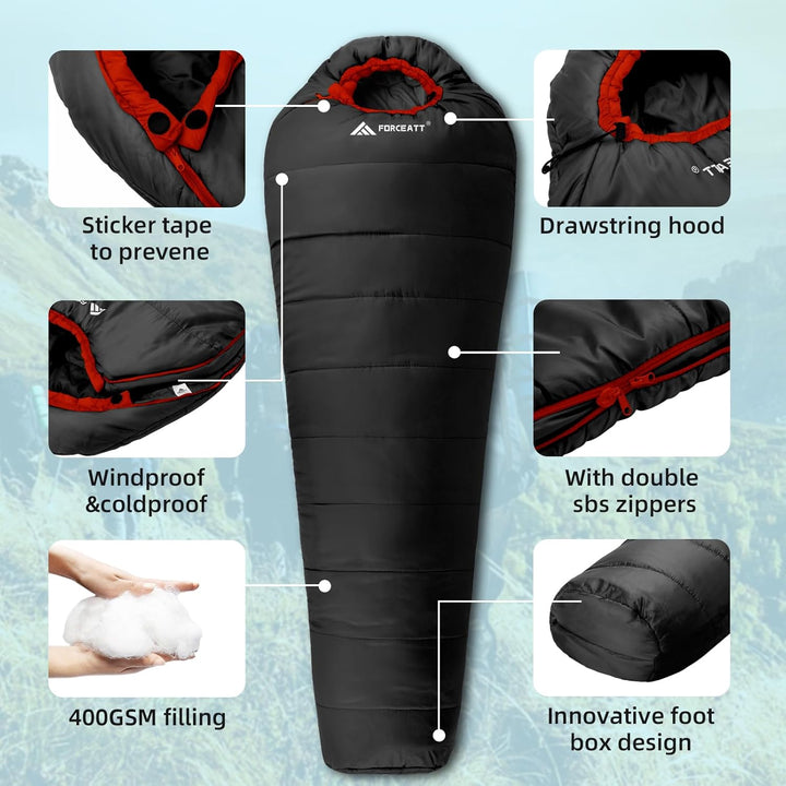 Forceatt Schlafsack -10°C~15°C 4 Jahreszeiten, Mumienschlafsack Winter für Erwachsene Wasserdicht, S