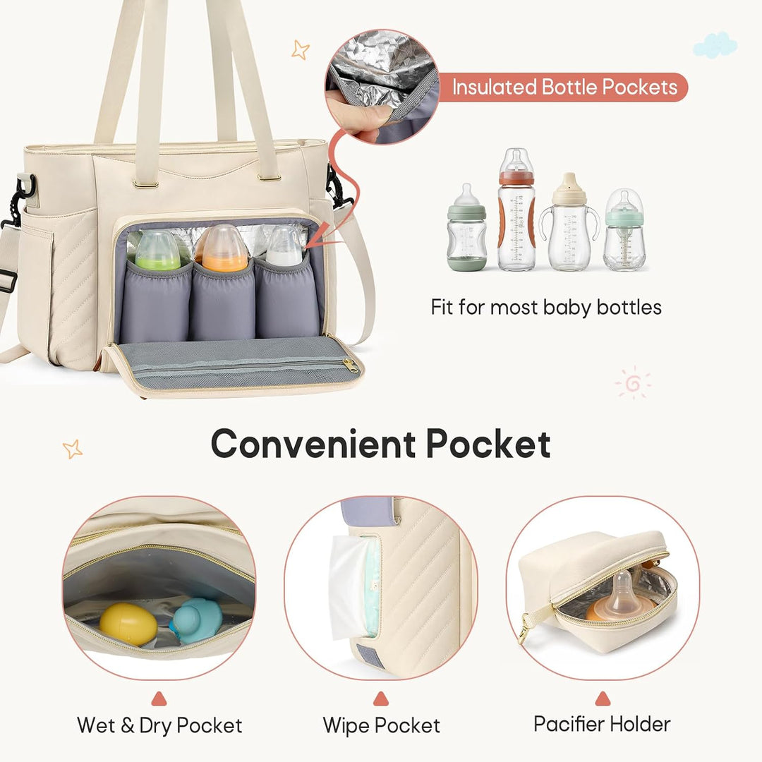 RAINSMORE Wickeltasche Gross mit Wickelunterlage &amp; Schnullertasche Cremeweiss, Cremeweiss
