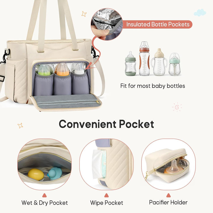 RAINSMORE Wickeltasche Gross mit Wickelunterlage &amp; Schnullertasche Cremeweiss, Cremeweiss