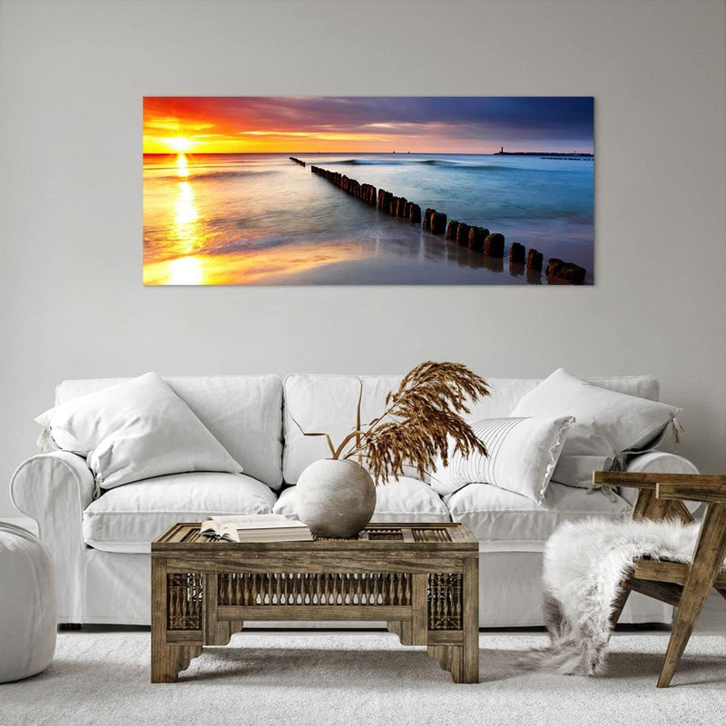 Wandbilder Dekoration Wohnzimmer Meer Küste Strand Sonnenaufgang Panorama Bilder auf Leinwand 120x50