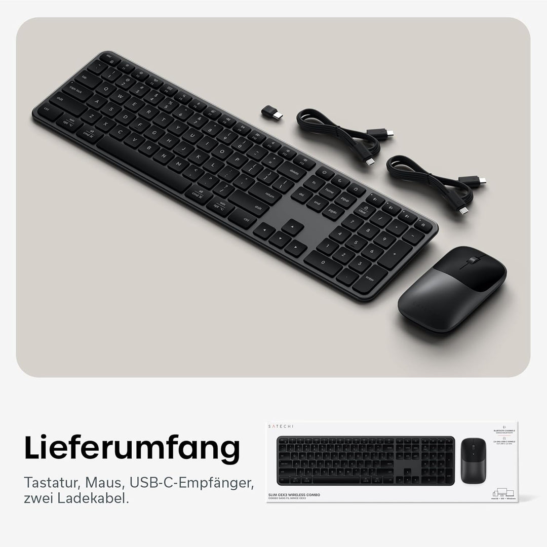 SATECHI Kabelloses Tastatur- & Maus-Set Slim CEX3, Bluetooth Multi-Geräte, USB-C-Empfänger, 𝗨𝗦-𝗘𝗡𝗚𝗟𝗜