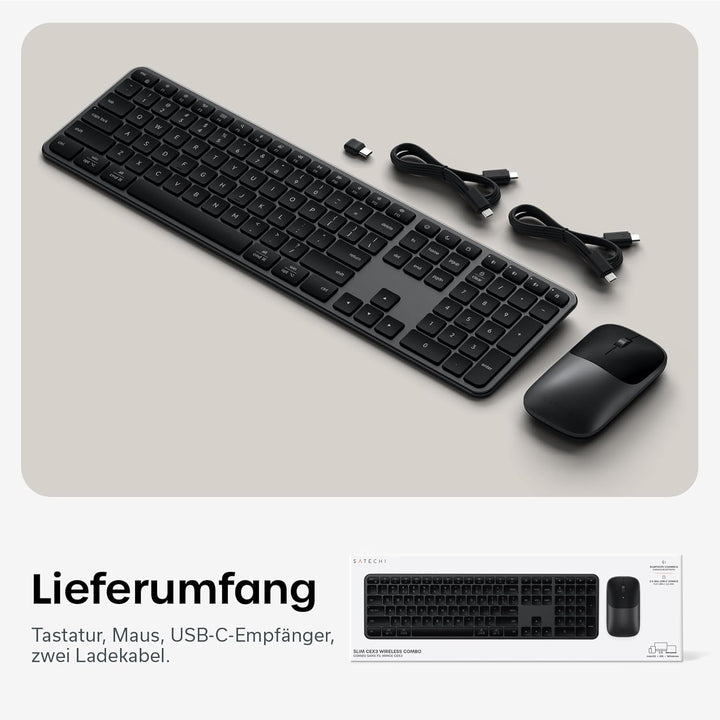 SATECHI Kabelloses Tastatur- & Maus-Set Slim CEX3, Bluetooth Multi-Geräte, USB-C-Empfänger, 𝗨𝗦-𝗘𝗡𝗚𝗟𝗜