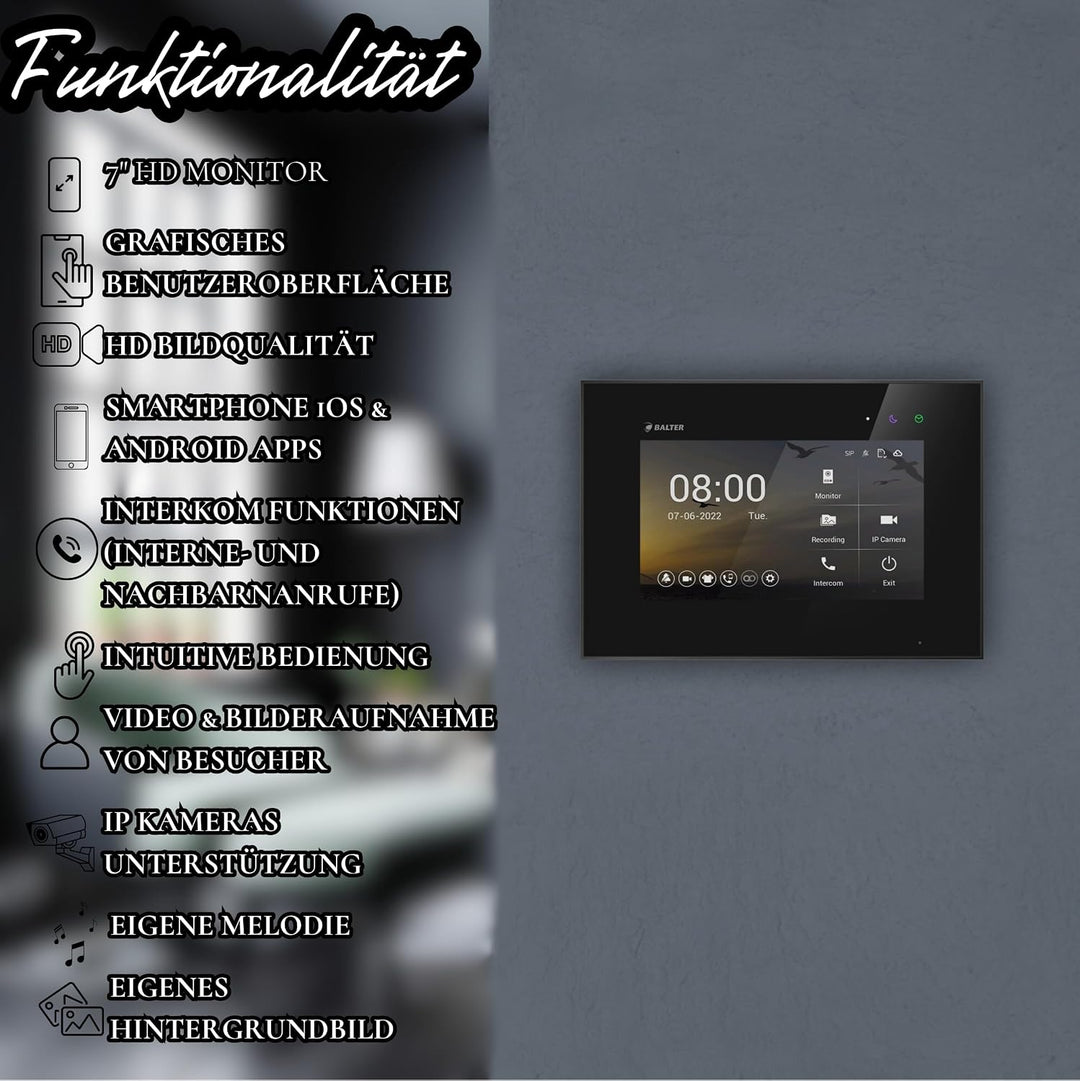 SCHUTZER Balter EVO-HD Video-Türsprechanlage für 1 Familienhaus, 7" Touchscreen Monitor 175° Weitwin