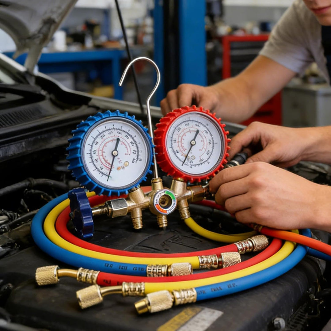 Precision Gauge Recharge Kit, Convenient AC Refrigerant Set, 12in Hose Kit with Control Valve, Brass