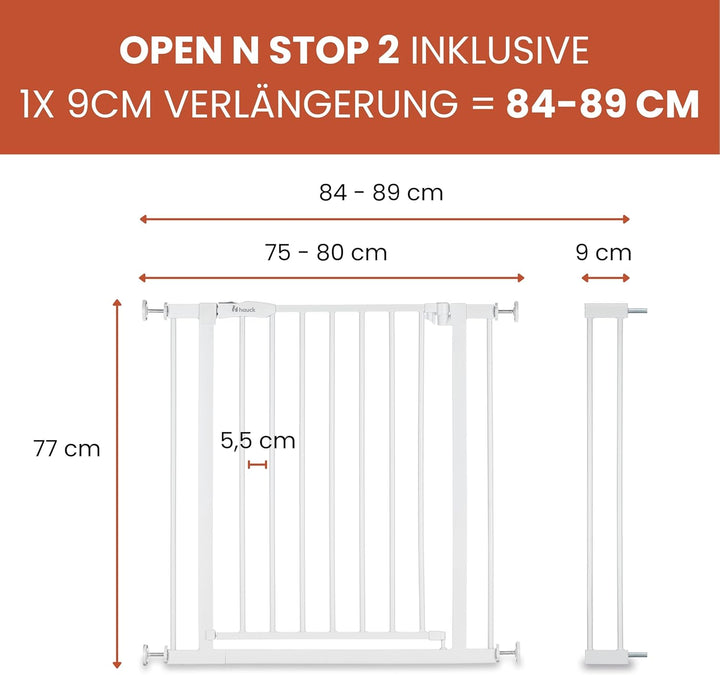 Hauck Treppenschutzgitter Türschutzgitter Open N Stop 2 inkl. 9 cm Verlängerung für Breiten 84-89 cm