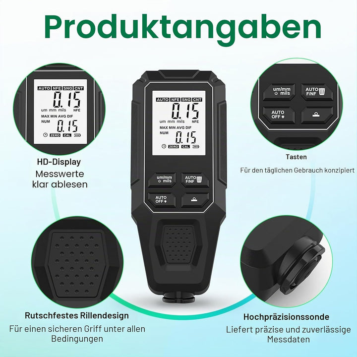Digitales Schichtdickenmessgerät, Lackschichtenmesser Messbereich 0-2000μm Mit automatischer Basiser