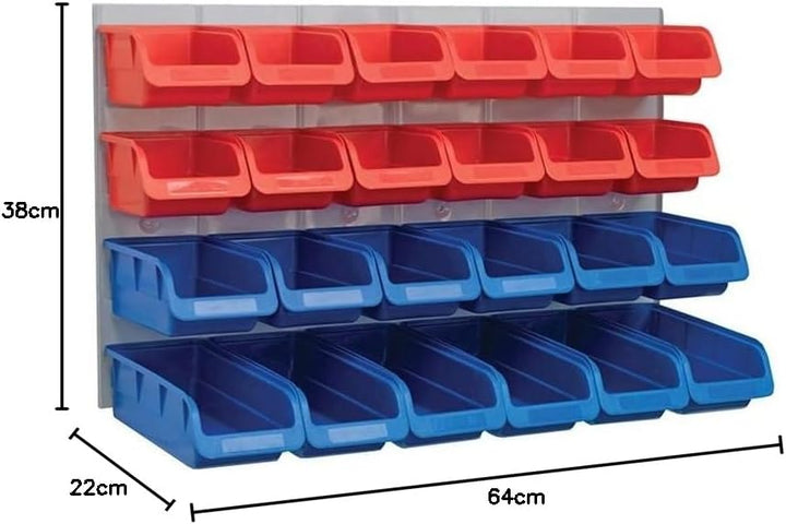 Faithfull FAIPAN24 24 Plastic Storage Bins with Metal Wall Panel, Fixings Included,Blue / Red,12.0 c