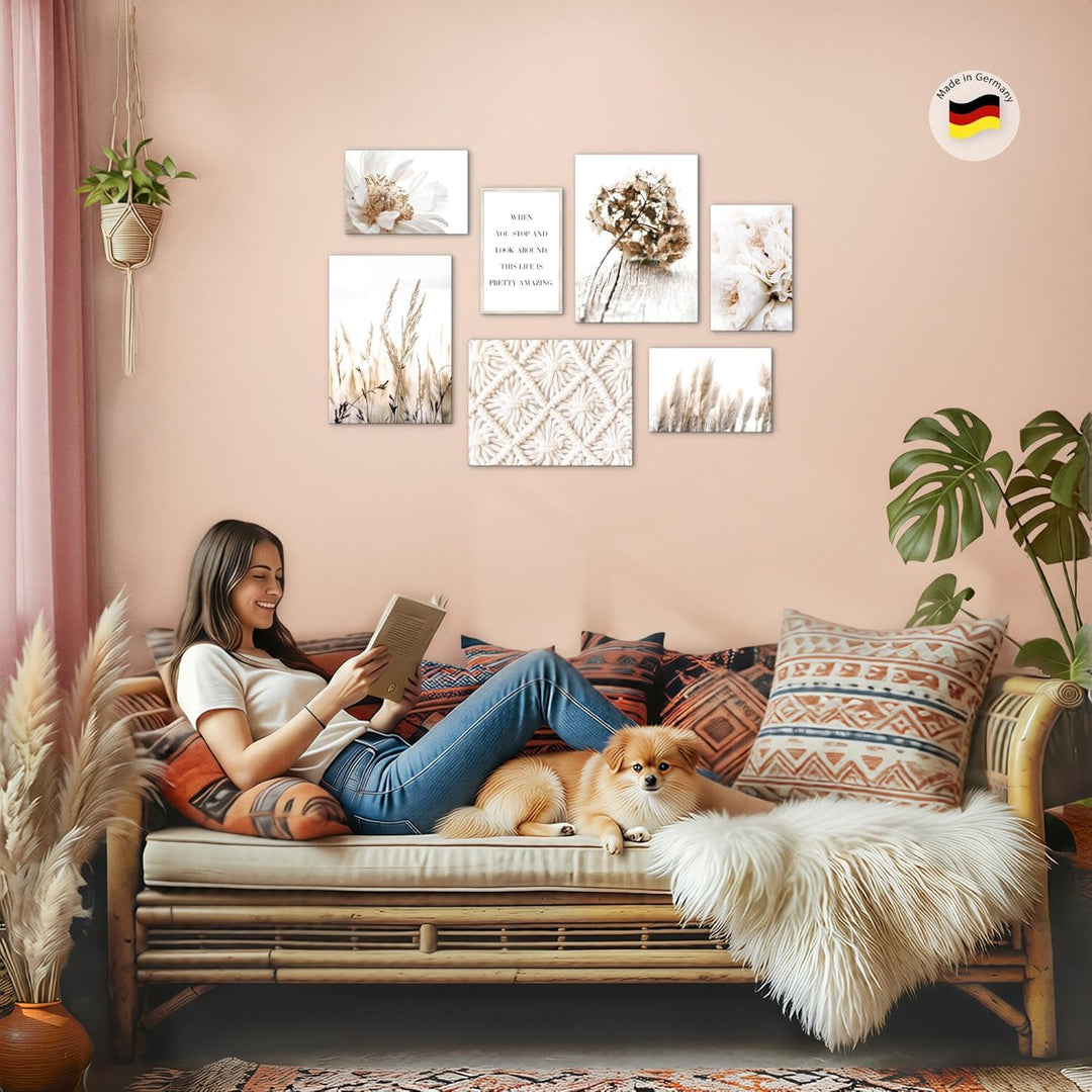 Novart Wandbilder Boho - KOMPLETT AUFHÄNGFERTIG - Beige Wohnzimmer Schlafzimmer- 7 Moderne Mood-Bild