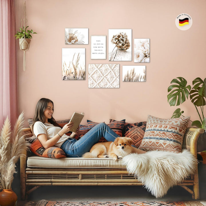 Novart Wandbilder Boho - KOMPLETT AUFHÄNGFERTIG - Beige Wohnzimmer Schlafzimmer- 7 Moderne Mood-Bild