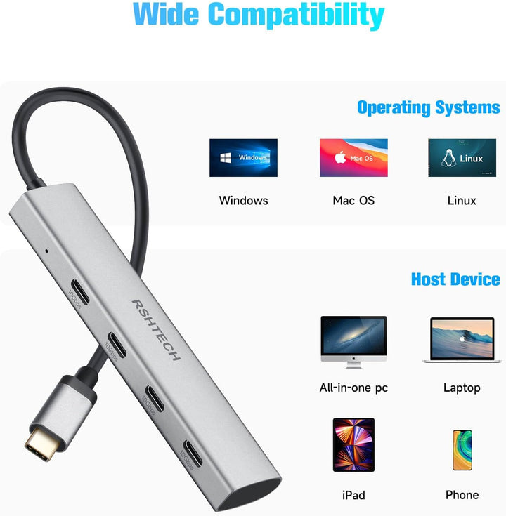 USB C Hub 10Gbps, RSHTECH 4-Port USB C 3.2 Hub Aluminium USB 3.1 Gen2 Ultra Slim Datenhub Portable M