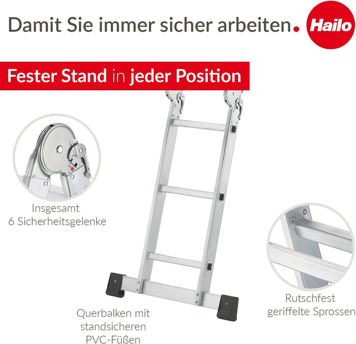 Hailo ProfiStep combi, Alu-Universalleiter, 4x3 Sprossen, Arbeitsbühne, Anlege- und Stehleiter in ei