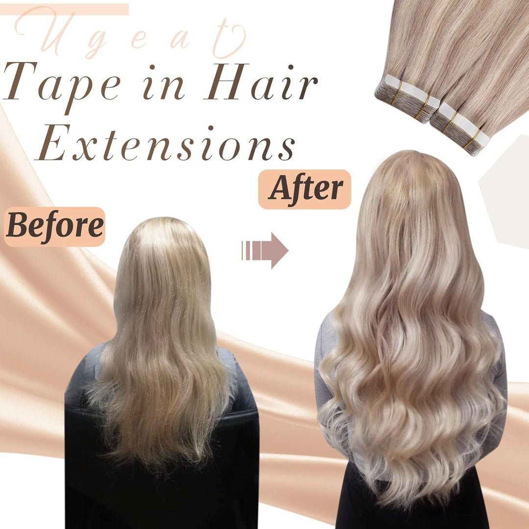 Ugeat Tape in Extensions Echthaar Blond Gesträhnt Haarverlängerung Echthaar Tape 20 Stücke P18/613 A