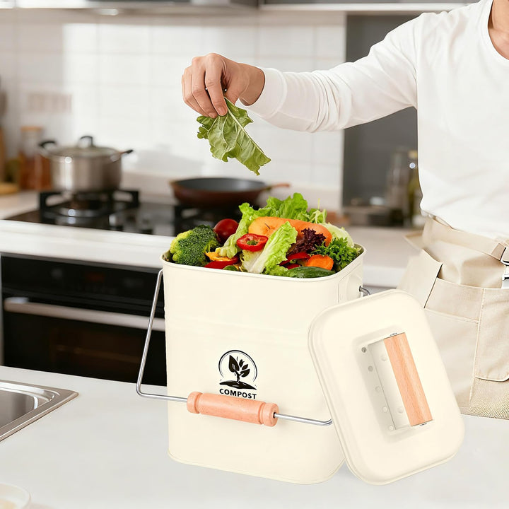 Relaxdays Komposteimer Küche, 3,5 Liter, 2 Aktivkohlefilter, Deckel, Henkel, Eisen & Holz, Biomüllbe