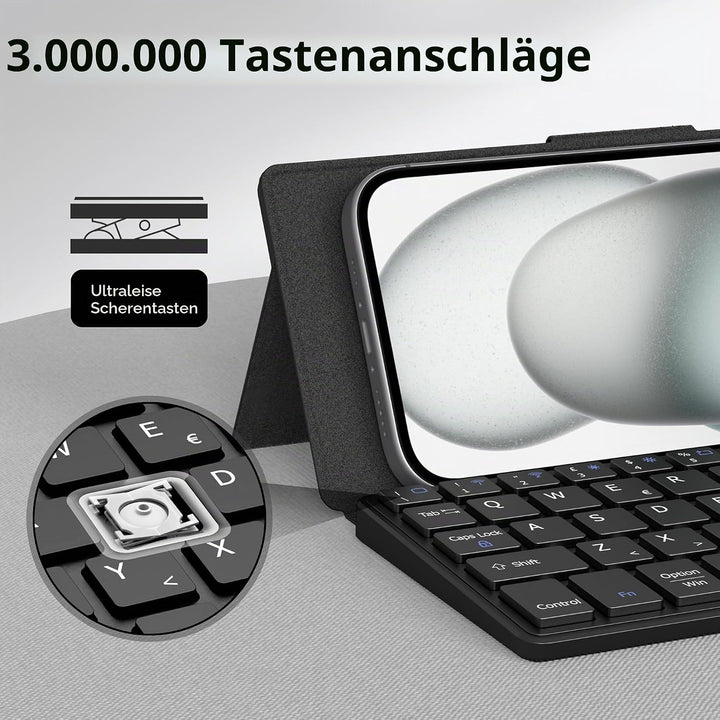 CACOE Mini Bluetooth Tastatur mit Ständer für Handy, Ultraflache Tragbare, Faltbare, Dual-Channel QW