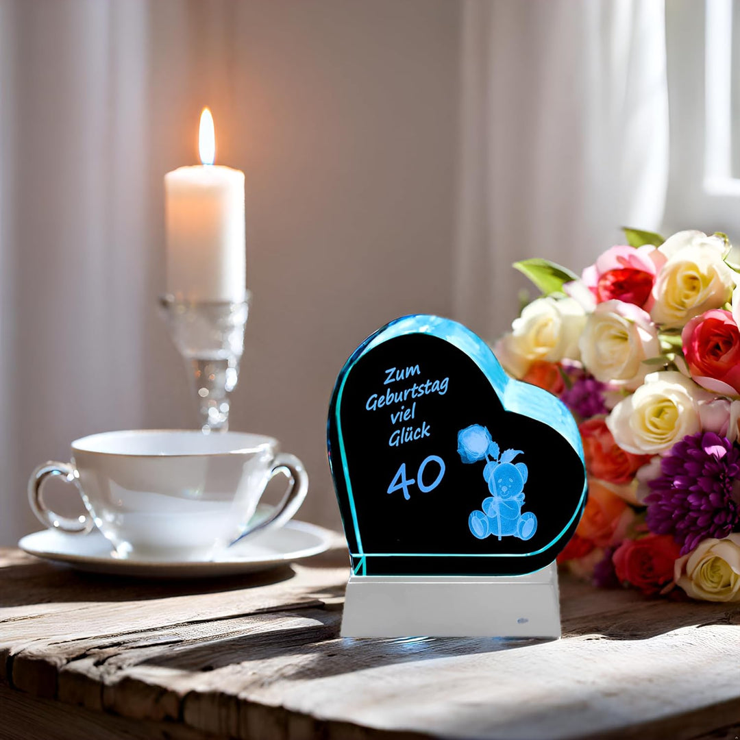 Kaltner Präsente Geschenkidee - Herz aus Glas: Kristallglas mit 3D-Laser-Gravur Teddy Rose/Zum Gebur
