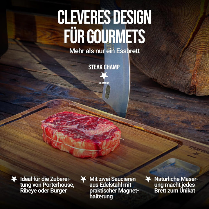 Steak Champ Premium Essbrett aus Akazie mit Sauciere: Servierbrett für Steak aus Holz ohne Gravur, o