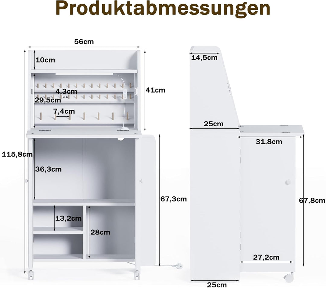 LED Nähtisch klappbar mit 33 Garnhalter & 2 Steckdosen, USB+Typ-C Nähmaschinenschrank mit viel Staur