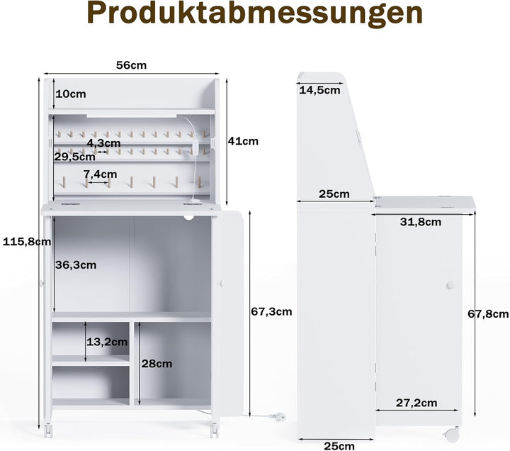 LED Nähtisch klappbar mit 33 Garnhalter & 2 Steckdosen, USB+Typ-C Nähmaschinenschrank mit viel Staur