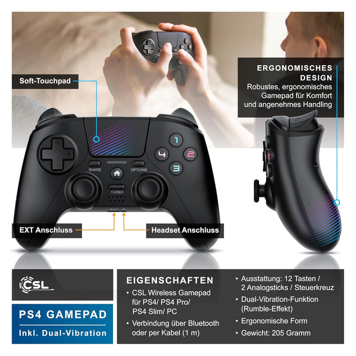 CSL - Wireless Gamepad für PC und PS4 - PC Anschluss - Wireless Controller - Dual Vibration - Headse
