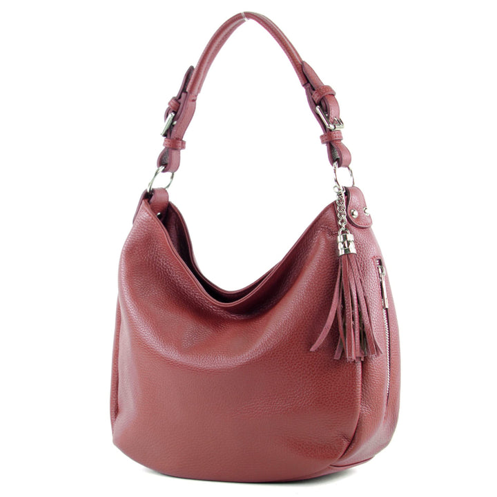 modamoda de - T200 - ital. Damen Schultertasche aus Leder Purpurrot, Purpurrot