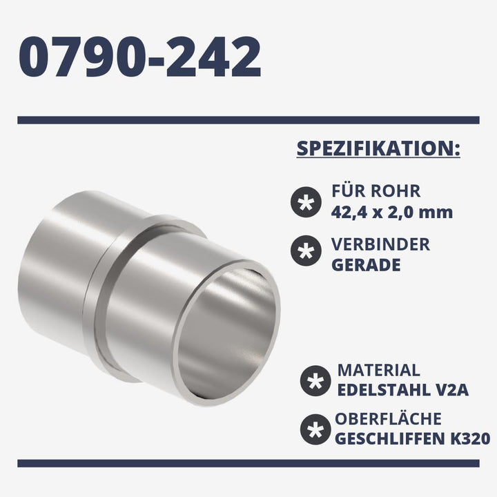 Sellon24® 4 x Rohrverbinder Verbindungsmuffe für Ø 42,4 Rundrohr, Edelstahl V2A Rohr Steckverbindung