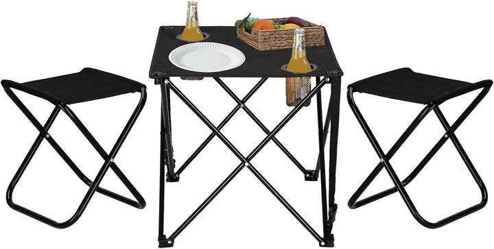 SPRINGOS Camping-Set Campingtisch mit 2 Hockern Freizeitmöbel Camping-Set, Schwarz