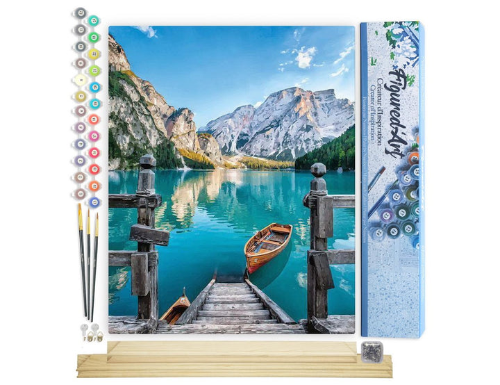 Figured'Art Malen Nach Zahlen Erwachsene Mit Rahmen Boot auf einem Bergsee - Paint by Numbers Bastel