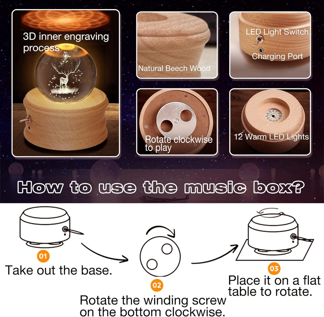 【Valentinstagsgeschenk】 Kibuhain 3D Kristallkugel Spieluhr mit Projektion LED Licht und drehbarer Ho