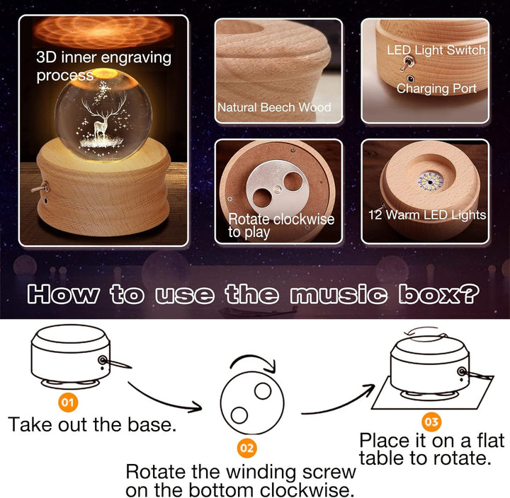 【Valentinstagsgeschenk】 Kibuhain 3D Kristallkugel Spieluhr mit Projektion LED Licht und drehbarer Ho