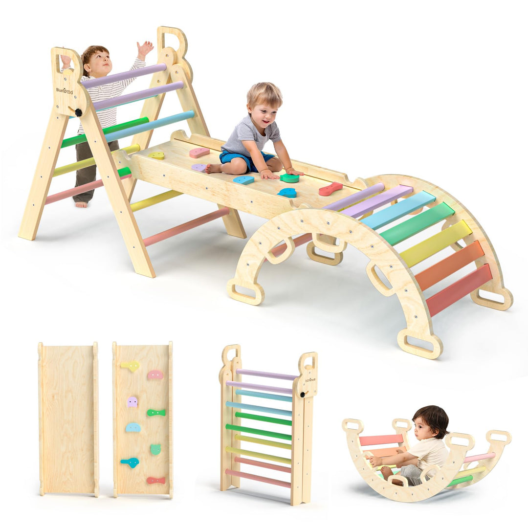 BlueWood 7-in-1 Montessori Kletterdreieck mit Kletterbogen und Rutsche, Holzdreieck für Kleinkinder,