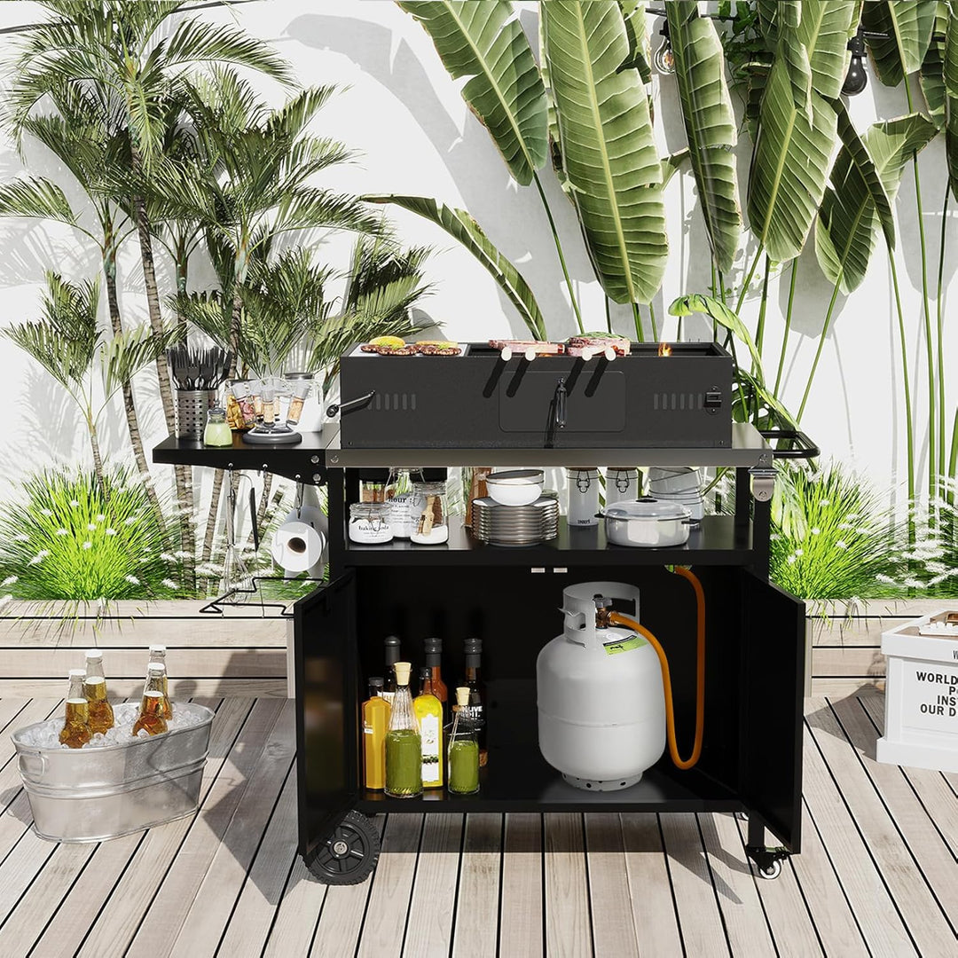 COSTWAY Grillwagen Outdoor, Grilltisch mit Edelstahlplatte, klappbarem Seitentisch, Schrank, 6 Haken