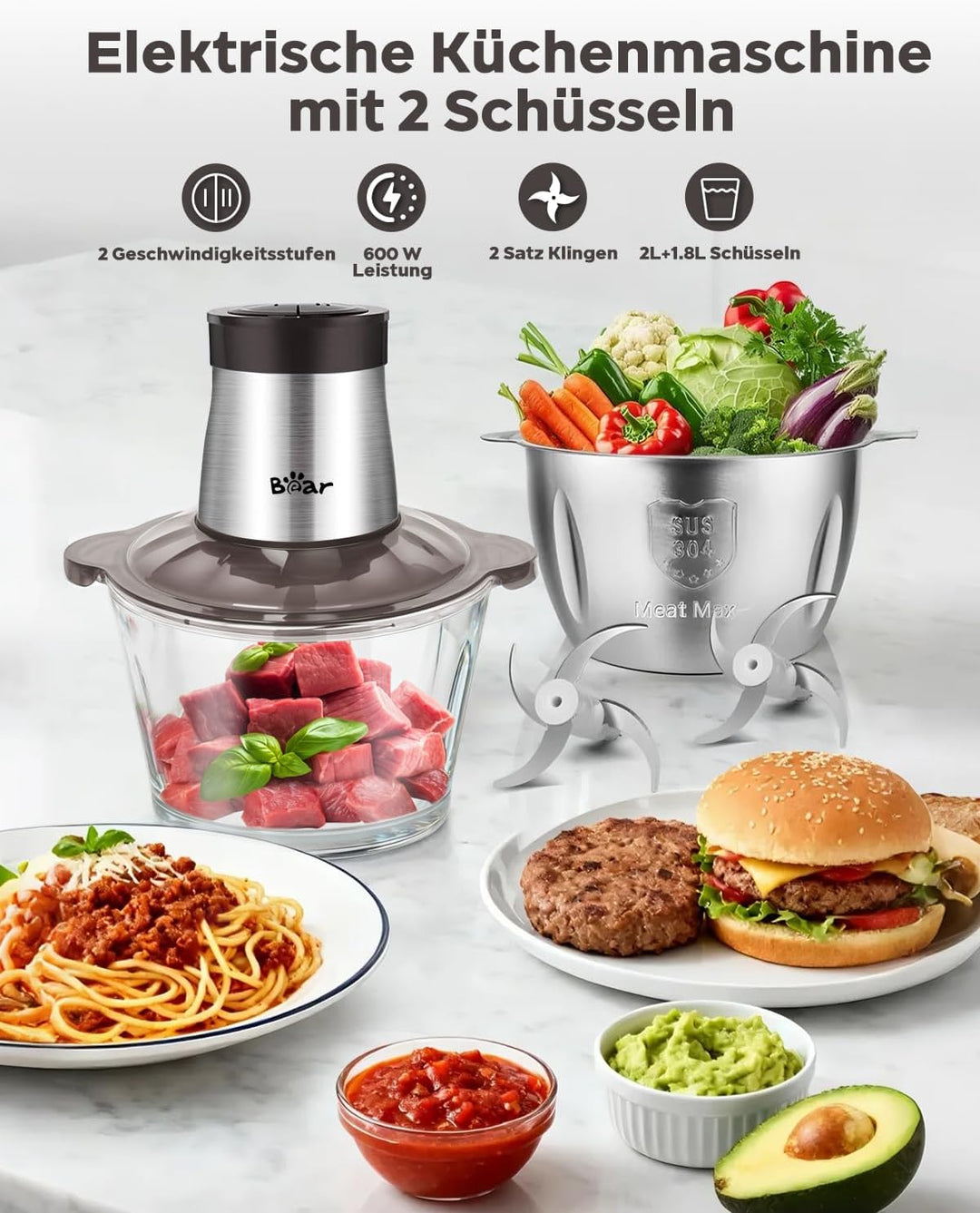 Bear 2L+1.8L Zerkleinerer Elektrisch Mini, 600W 2 Geschwindigkeitsstufen, Häcksler mit 4-Edelstahlkl