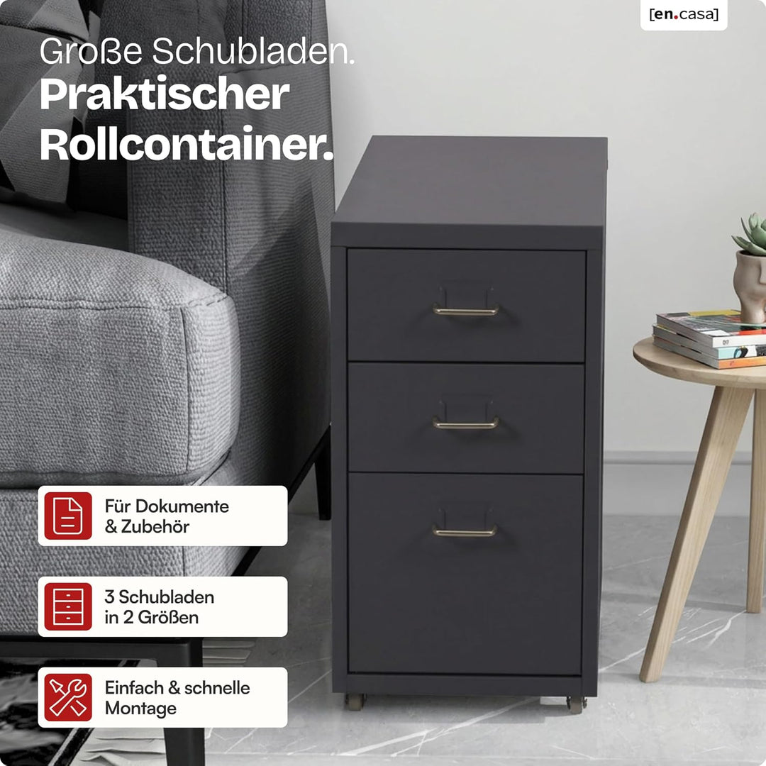 [en.casa] Rollcontainer Kökar Schubladenschrank Metall Aktenschrank mit 3 Schubladen Bürowagen mit R