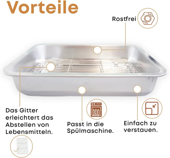 Bräter mit Grillrost 36x27x7 cm – Edelstahl Bratpfanne mit Rost für Backofen & Ofengerichte – Spülma