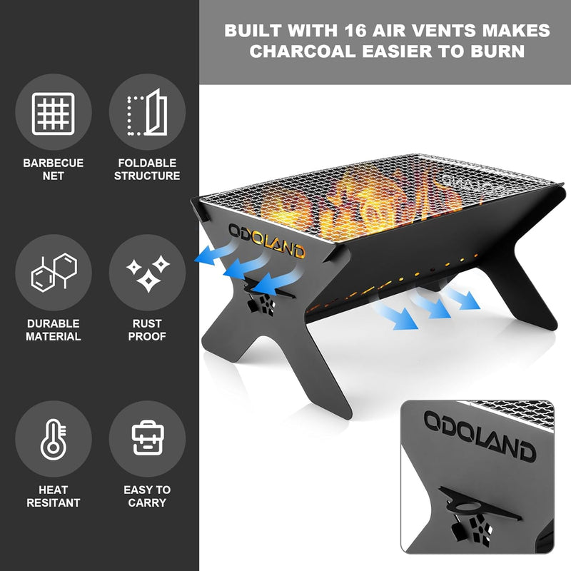 Odoland Camping-Feuerstelle, tragbare Feuerstelle für Camping, 2 in 1 Holzfeuerstelle, Grill mit abn