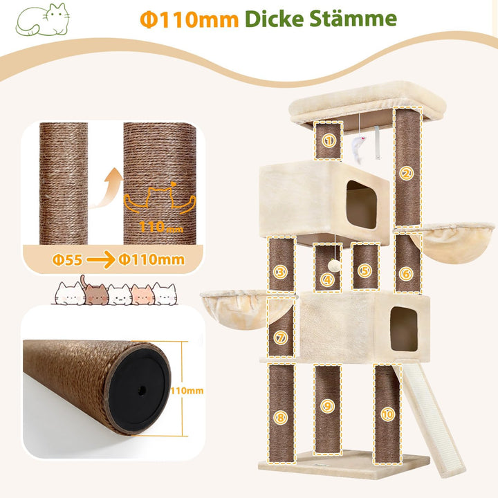 Globlazer Beige Kratzbaum Dicke Stämme 11CM für Grosse Katzen mit 2 Extragross Katzenhaus 50*35*30cm