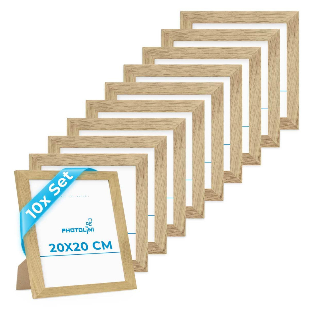 PHOTOLINI Bilderrahmen 20x20 cm Eiche Massivholz, breite Rahmen, 10er Set, modern, bruchsicheres Acr